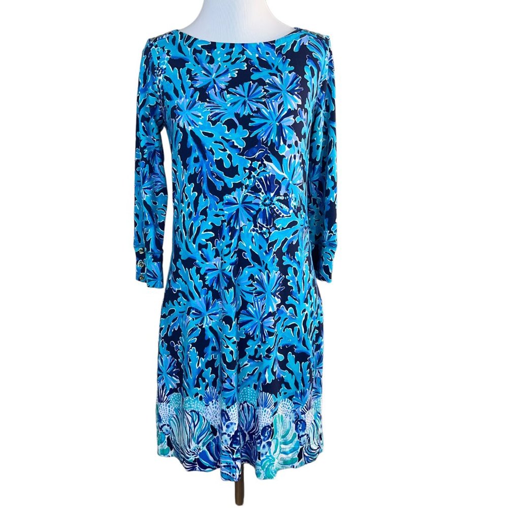Lilly Pulitzer Dress S Blue Sofie UPF 50+ Shift 3/4 Sleeve Above Knee Stretch